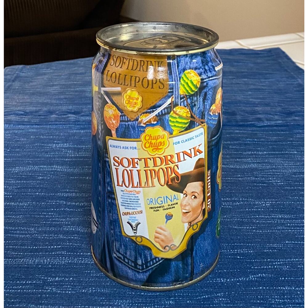 VTG 1998 CHUPA CHUPS Tin Can Softdrink Lollipops Jeans Soda Rare Advertising